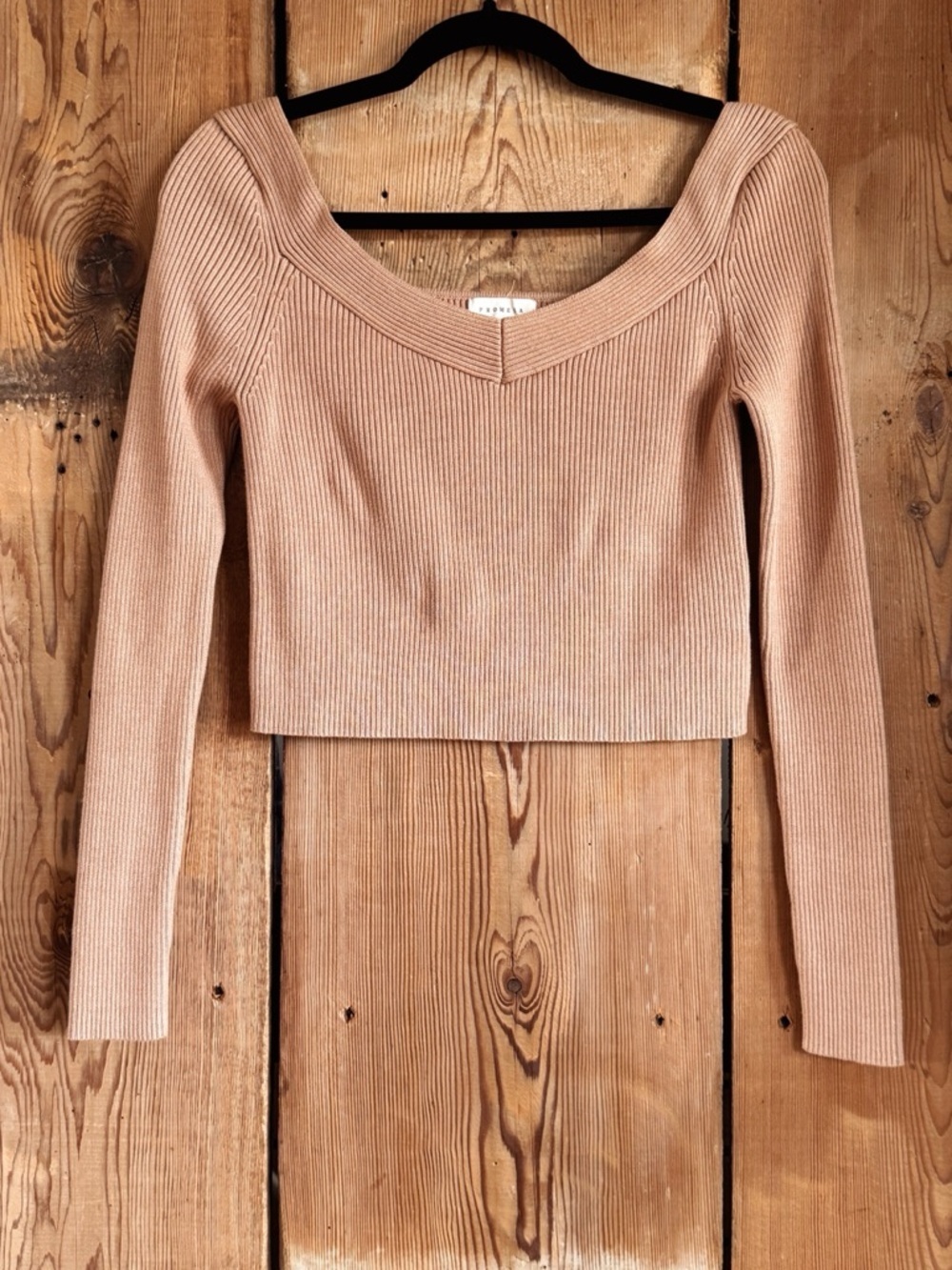 Sz S Promesa Tan Ribbed Knit Cropped Long Sleeve Top NWT